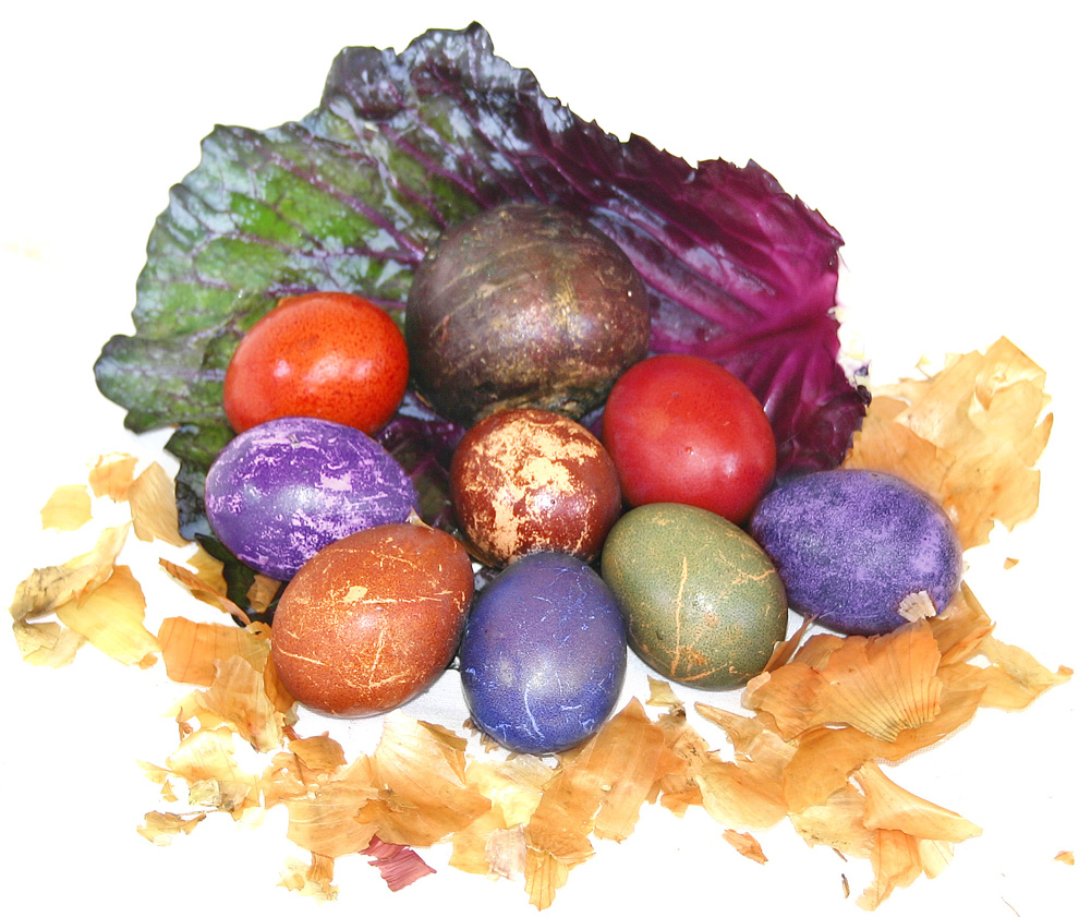 a selection of vegetable dyed eggs